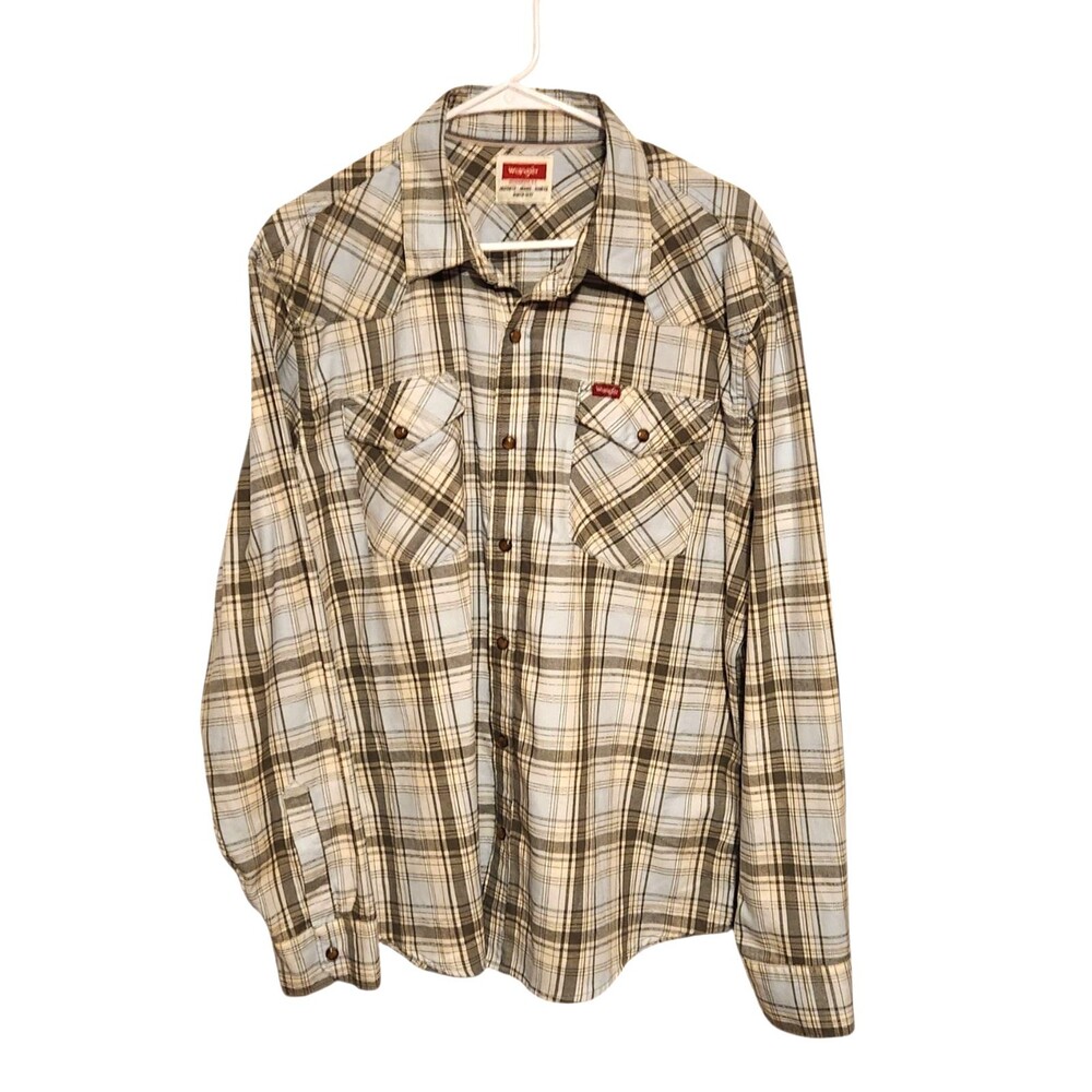 Wrangler Flannel Shirt Pearl Snap Green White Lt. Blue Plaid Pockets Mens Large